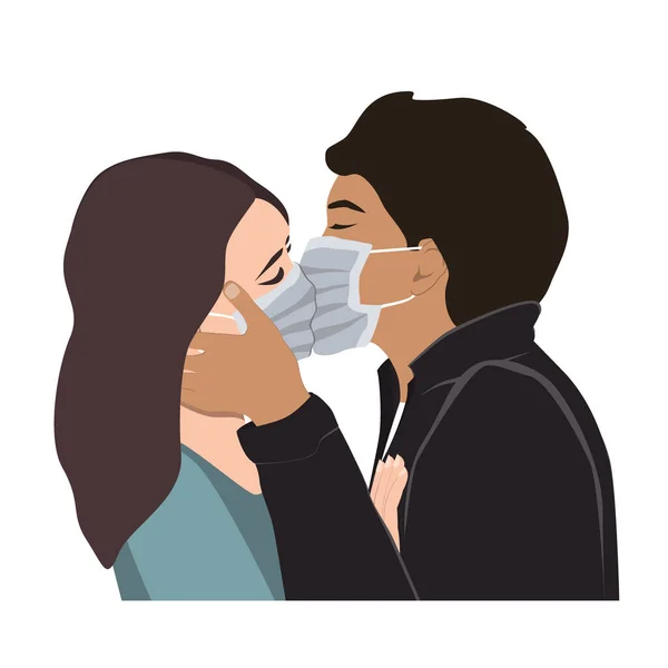 Love on Covid Quarantine, a Passionate Kiss Vector Illustration. 로맨틱 한 남녀가 보호 의료 마스크를 쓰고 키스하는 모습. 코로나 바이러스 확산 예방, 금지 된 사랑 개념 — 스톡 벡터