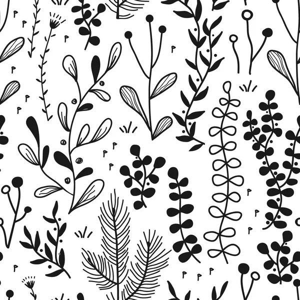 Frontera sin costura vectorial con bosque de garabatos y plantas de prado. Fondo abstracto dibujado a mano para marcos, carteles, textiles — Archivo Imágenes Vectoriales