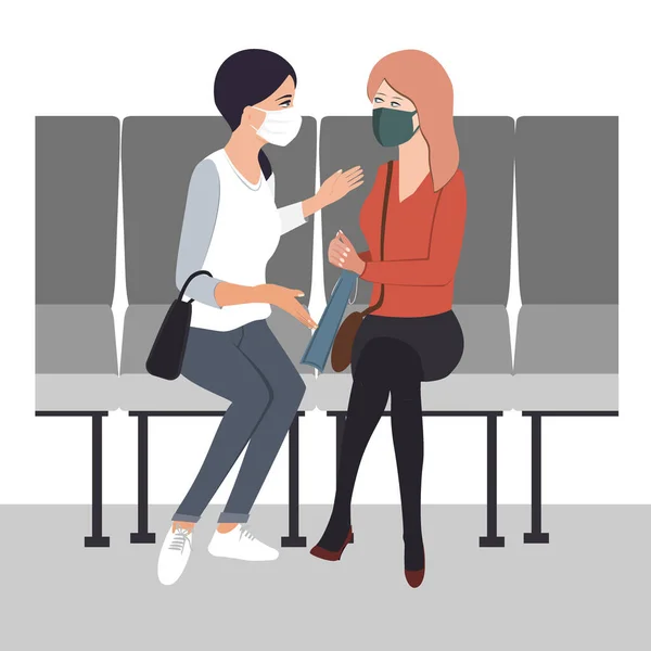 Two young women friends communicate with protective masks on their faces. Flat vector illustration — Stock Vector