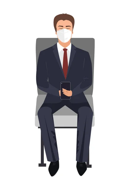 Seating or waiting Businessman with face mask using smart phone app. Train passenger with protective mask texting on mobile phone. Travel safely on public transport — Stock Vector