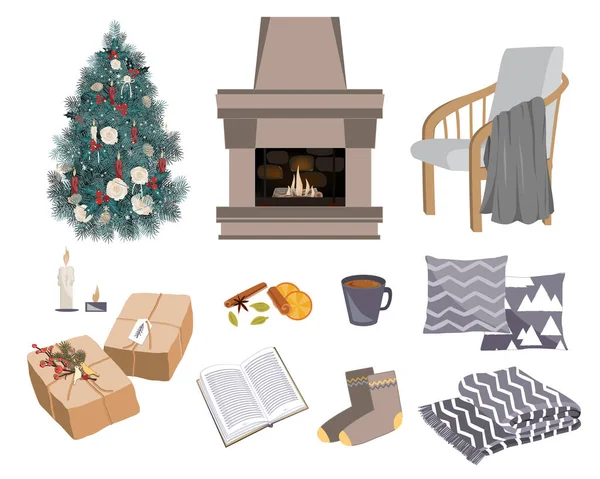 Vector acogedor conjunto de invierno con chimenea, silla, regalos, almohadas y otras cosas hygge. Calentamiento de objetos ilustración. Artículos para estaciones frías aislados sobre fondo blanco — Vector de stock