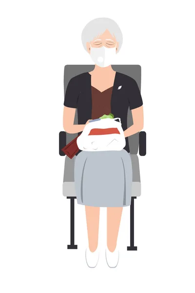 Старшая женщина в медицинской маске сидит на кресле поезда и мечтает. Векторная иллюстрация на белом фоне — стоковый вектор