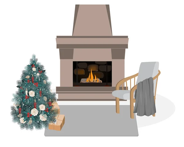 Lindo y acogedor interior escandinavo, ilustración del vector hygge invierno. Chimenea, árbol de Navidad decorado, silla y manta. Fondo plano de dibujos animados — Vector de stock