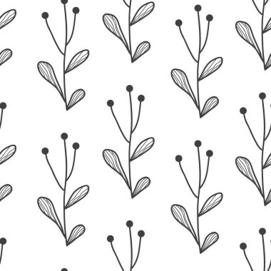 Elle çizilmiş bitkilerle kusursuz bir sınır. Siyah ve beyaz. Çerçeveler, posterler, tekstil için el çizimi soyut arkaplan