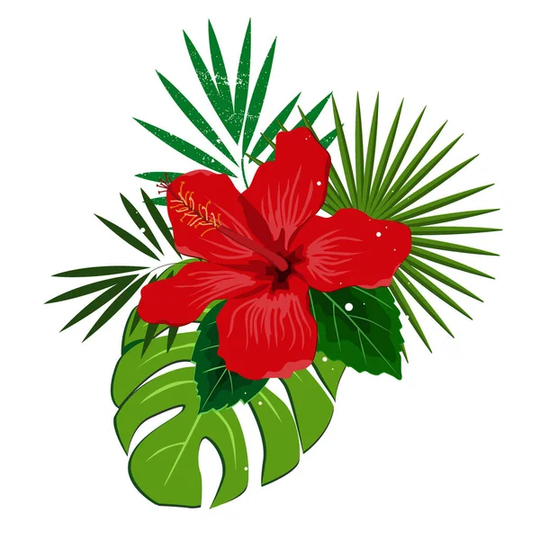 Bouquet composition with red hibiscus flower and palm leaves, flat vector illustration. Tropical exotic Hawaii plants isolated on white — Stock Vector