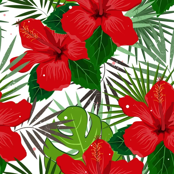 Fondo de patrón de verano floral vectorial sin costuras con hojas de palma tropical y flores de hibisco. Perfecto para fondos de pantalla, fondos de página web, texturas superficiales, textiles — Vector de stock