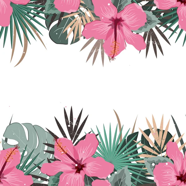 Frontera de verano con hojas de palma tropical y flores de hibisco. Fondo del marco tropical. Perfecto para tarjetas, fondos de páginas web, impresiones — Vector de stock
