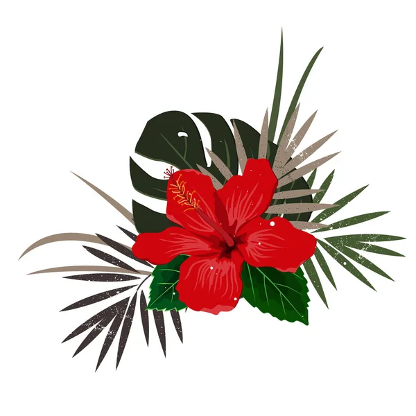 Kompozycja bukietowa z czerwonym kwiatem hibiskusa i liśćmi palmy, ilustracja wektora płaskiego. Tropikalne egzotyczne rośliny hawajskie izolowane na białym — Wektor stockowy