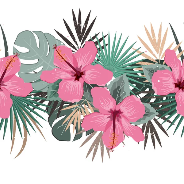Borde de verano floral vector sin costuras con hojas de palma tropical y flores de hibisco. Perfecto para fondos de pantalla, fondos de página web, texturas superficiales, textiles — Vector de stock