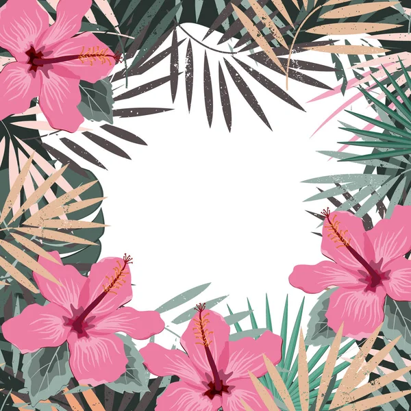 Frontera cuadrada de verano con hojas de palmeras tropicales y flores de hibisco. Fondo del marco tropical. Ilustración vectorial para tarjetas, fondos de páginas web, impresiones — Vector de stock