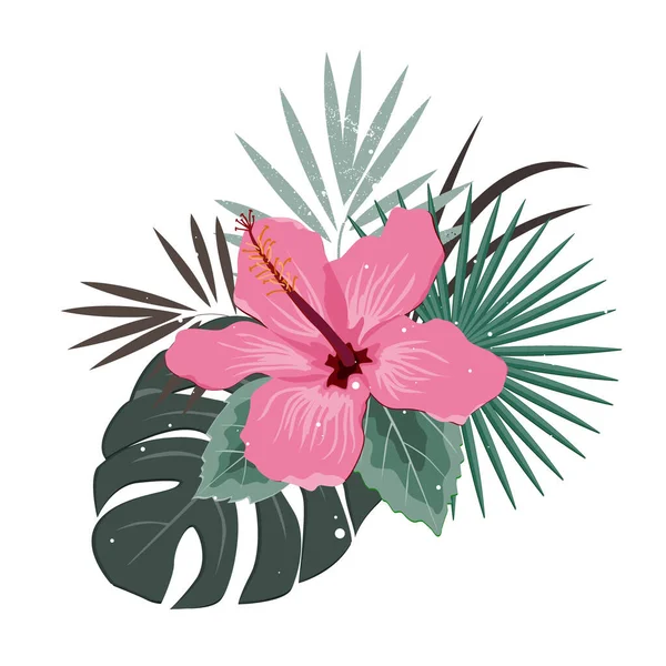 Composición de ramo con flores de hibisco rosa y hojas de palma, ilustración vectorial plana. Plantas tropicales exóticas de Hawai aisladas en una paleta blanca y pastel — Vector de stock