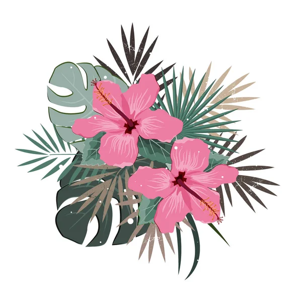 Composición de ramo con flores de hibisco rosa y hojas de palma, ilustración vectorial plana. Plantas tropicales exóticas de Hawai aisladas en una paleta blanca y pastel — Vector de stock