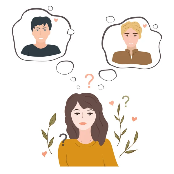 Undecided teenage girl doubting between two loves. Young woman thinking about two handsome guys and trying to decide which one she likes. Vector illustration — Stock Vector