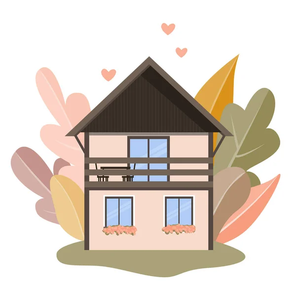 Vetor isolado casa aconchegante e fundo floresta de outono. Conceito de outono Hygge —  Vetores de Stock