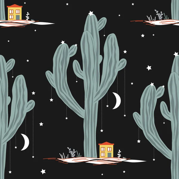 Векторный бесшовный рисунок с высоким кактусом сагуаро и маленькими домиками. Пейзаж мексиканской феи, печать для открыток или текстиля — стоковый вектор