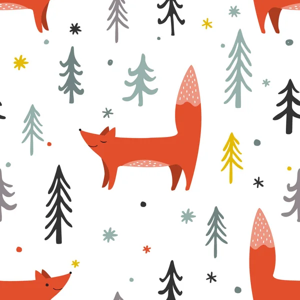 Vector illustratie van een Winter Forest naadloos patroon met vossen en bomen — Stockvector