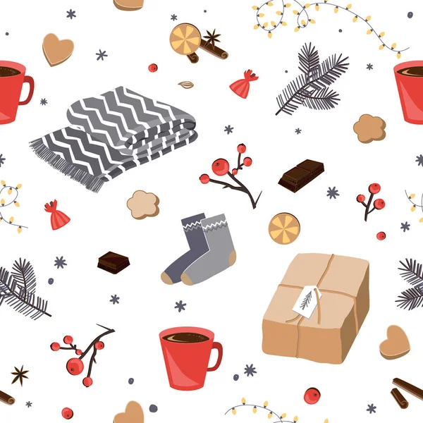 Winter en Kerstmis items naadloos patroon. Hygge vector illustratie — Stockvector