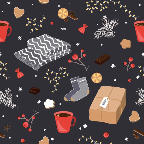 Winter and Christmas items seamless pattern. Present box, warm socks, blanket, spices, hot cocoa, and decorative branches. Hygge concept, vector illustration — Stock Vector