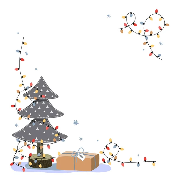 Kerst hoek compositie met plaats voor tekst. Miniatuur voelde dennenboom, geschenkdoos, en felle lichten op witte achtergrond. Vakantie wenskaart, cartoon vector illustratie — Stockvector