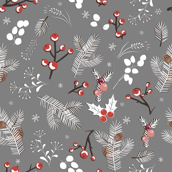 Winternahtloses weißes Muster mit Beeren, Blättern und Schneeflocken, Vektorillustration — Stockvektor