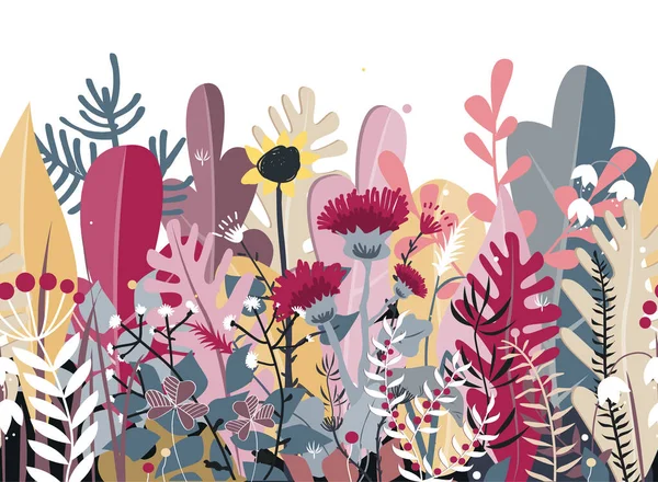Doodle nahtlosen Hintergrund von stilisierten Herbstblumen, Blättern und Bäumen für Grußkarten, Textilien oder Banner. Wiesen- oder Waldrand — Stockvektor