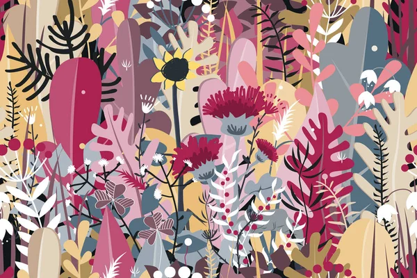Бесшовный рисунок стилизованных осенних цветов, листьев и деревьев для поздравительных открыток, текстиля или баннеров. Луг или лесная осенняя трава — стоковый вектор