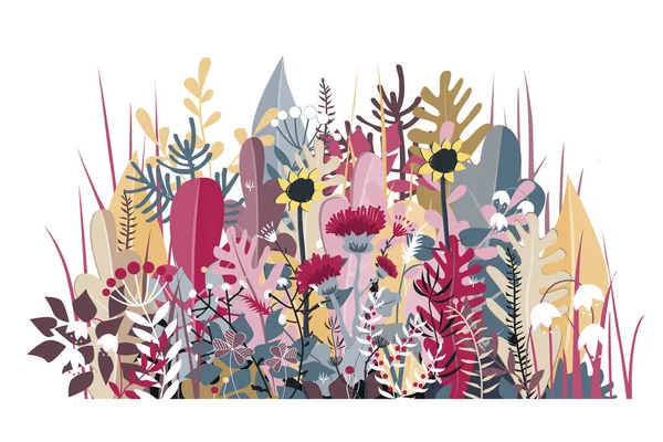 Fundo de floresta Doodle de flores estilizadas do outono, folhas e árvores para cartões de saudação, têxteis, ou banners. Fronteira do prado ou floresta — Vetor de Stock