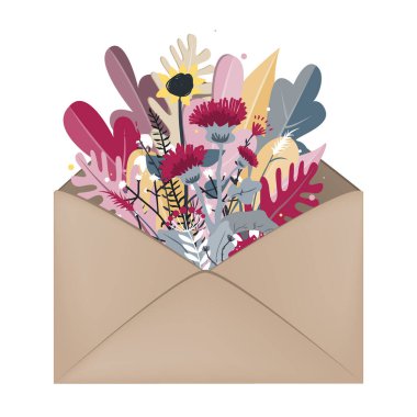 İçinde sonbahar buketi olan zarf. Merhaba sonbahar konsepti. Karalama elle çizilmiş, sonbahar yapraklı klasik kartpostal. Vektör illüstrasyonu.