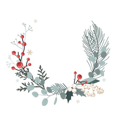 Çam ağacı, okaliptüs ve böğürtlen dallarıyla süslü Noel çelengi. Kış yaprakları süslemesi, Noel kartı. Vektör izole illüstrasyonu