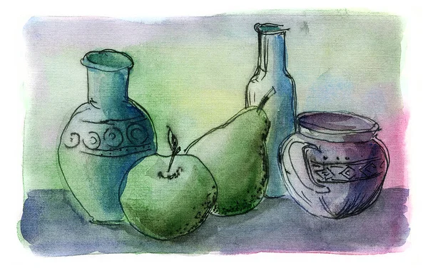 Hand Draw Watercolor Still Life Jugs Ceramics Oriental Utensils — Stock Photo, Image