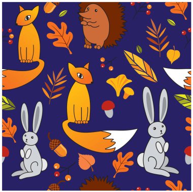 vektörsüz sonbahar şablonu, orman hayvanları, tilki, tavşan, kirpi, yapraklar, mavi arka planda böğürtlen