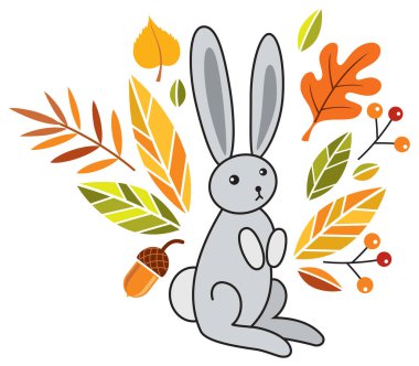 Bunny, sonbahar yaprakları, böğürtlen taşıyıcısı