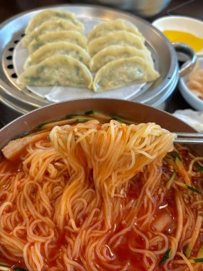Chilled, chewy naengmyeon noodles in tangy broth paired with juicy, savory mandu dumplings, offering a perfect balance of refreshing coolness and hearty comfort in every delicious Korean bite.