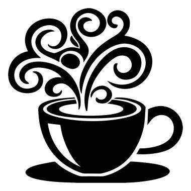 Kafeler ve marka vektörleri için ideal kıvrımlı buhar ve dekoratif aksanlı sıcak kahve fincanının silüeti.