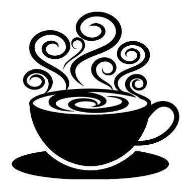 Sıcak ve sabah içeceği vektörünü temsil eden kıvrımlı buharlı sanatsal tasarımı olan dumanı tüten kahve fincanı silueti.
