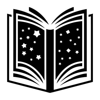 Yıldızlı ve göksel desenli açık kitap silueti hayal gücünü ve öğrenme vektörünü gösteriyor