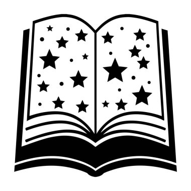 Sihirli açık kitap silueti, parıldayan yıldızlar ve göksel desenler, büyüleyici bilgiyi ve fantezi vektörünü ortaya çıkarıyor.