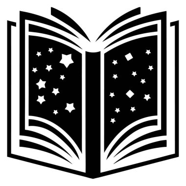 Yıldızlı ve takımyıldızlı sihirli açık kitap silueti hayal gücünü ve harika vektörü sembolize ediyor.