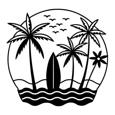 Tropik plaj sahnesi silueti. Palmiye ağaçları, sörf tahtası ve okyanus dalgaları dairesel güneş gökyüzü vektörü altında.