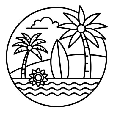 Tropik plaj günbatımı sahnesi silueti. Palmiye ağaçları ve daire şeklinde sörf tahtası.