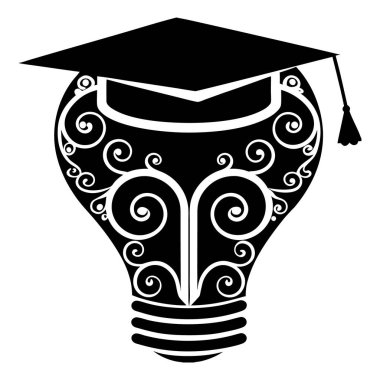 Mezuniyet şapkası dekoratif ampul siluetini süslüyor parlak fikirleri ve eğitim başarı vektörünü sembolize ediyor
