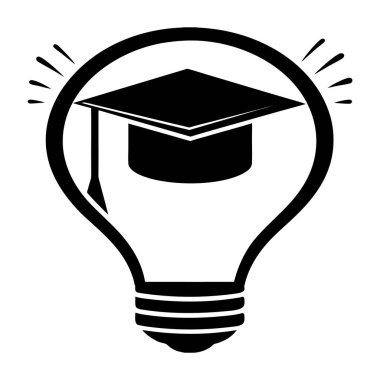 Ampul siluetinin içindeki mezuniyet şapkası eğitim yenilik bilgisini ve parlak fikir vektörünü sembolize ediyor.