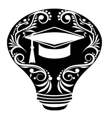 Aydınlatılmış fikir mezuniyet şapkası silueti, dekoratif ampul tasarım vektöründeki bilgi ve yeniliği sembolize ediyor