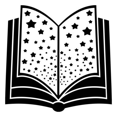 Işıldayan yıldızlarla dolu tuhaf, açık bir kitap silueti sihirli bir okuma deneyimi vektörü