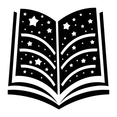 Parlayan yıldızlar ve gök girdaplarının yer aldığı açık kitap silueti hayal gücünü ve sihirli vektörü sembolize eder.