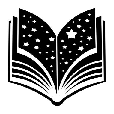 Yıldızlarla ve girdaplarla dolu açık kitap silueti hayal gücünü ve kozmik mucize vektörünü simgeliyor.