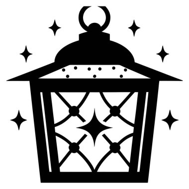 Sihirli ambiyans ve şenlikli dekorasyon vektörü için parıldayan yıldızlı kırsal fener silueti.