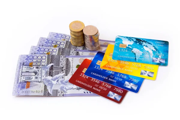 Крупный План Коллекции Банкнот Монет Казахстанских Тенге Набора Красочных Кредитных — стоковое фото