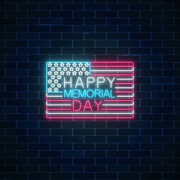 Happy memorial day glowing neon sign with usa flag and text on dark brick wall background. National united states holiday greeting card in neon style. Vector illustration.