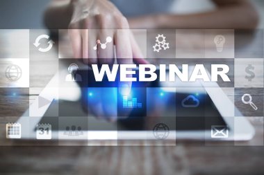 Webinar. E-eğitim, Online Eğitim kavramı. Kişisel gelişim. Sanal ekran.